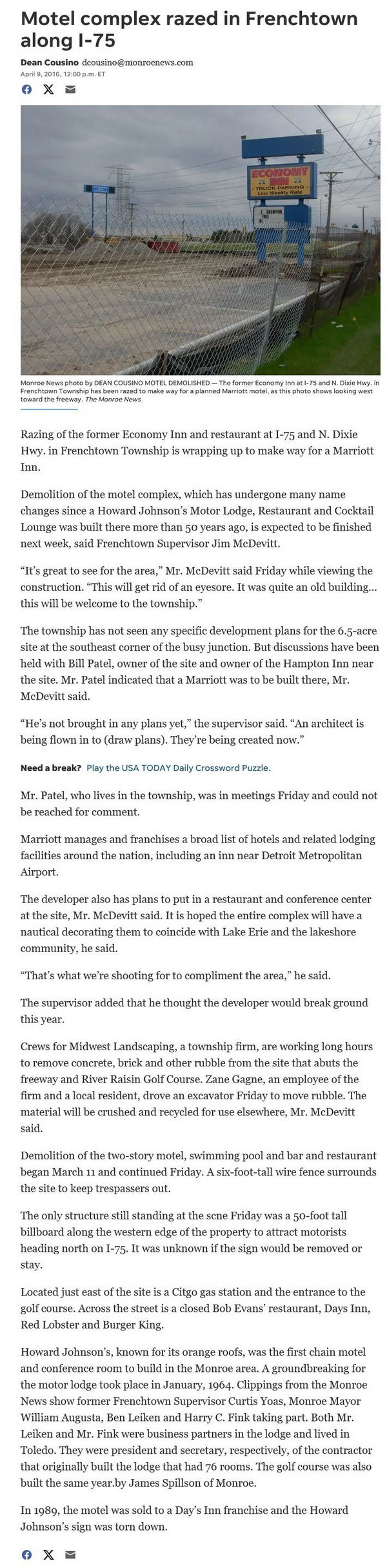 Howard Johnsons Motor Lodge (Econo Lodge, Economy Inn, Days Inn) - Monroe News April 2016